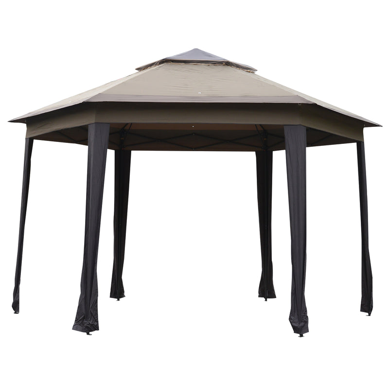 Outsunny 4x4m Hexagon Gazebo w/ Metal Frame Mesh Curtains Outdoor Garden, Beige