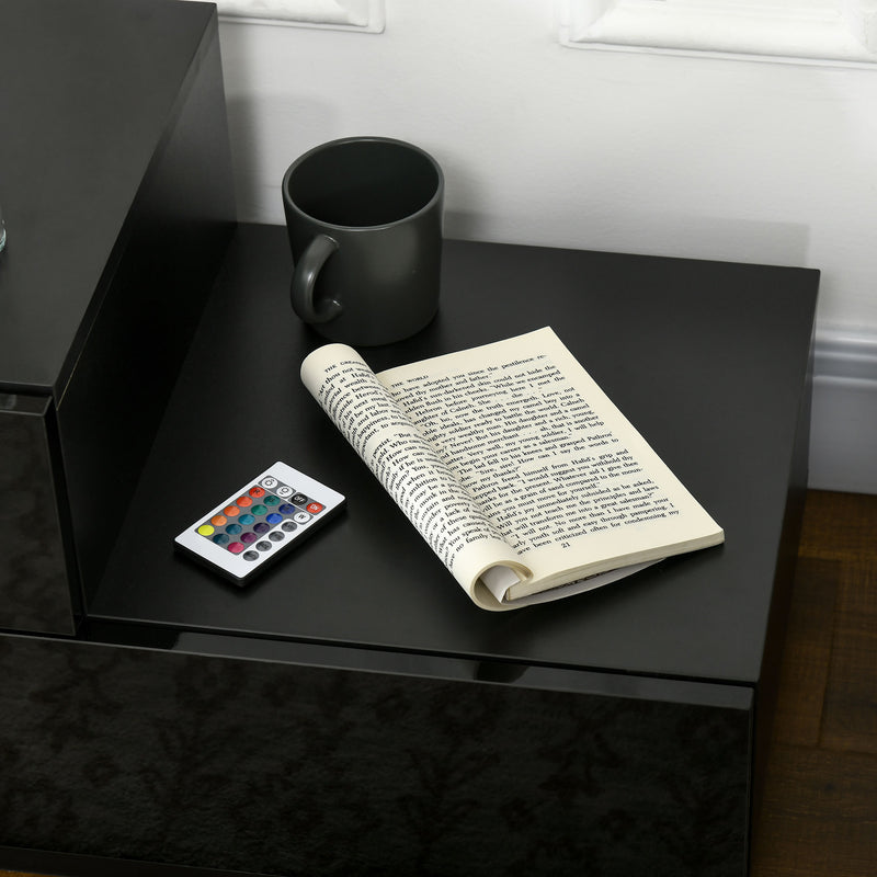 HOMCOM High Gloss Front Bedside Table Nightstand with LED Light Remote Black
