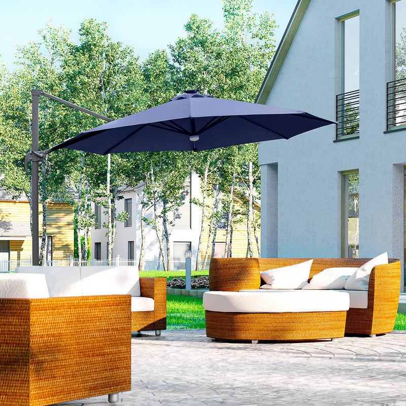 Outsunny 3(m) LED Cantilever Parasol Outdoor with Base Solar Lights Blue