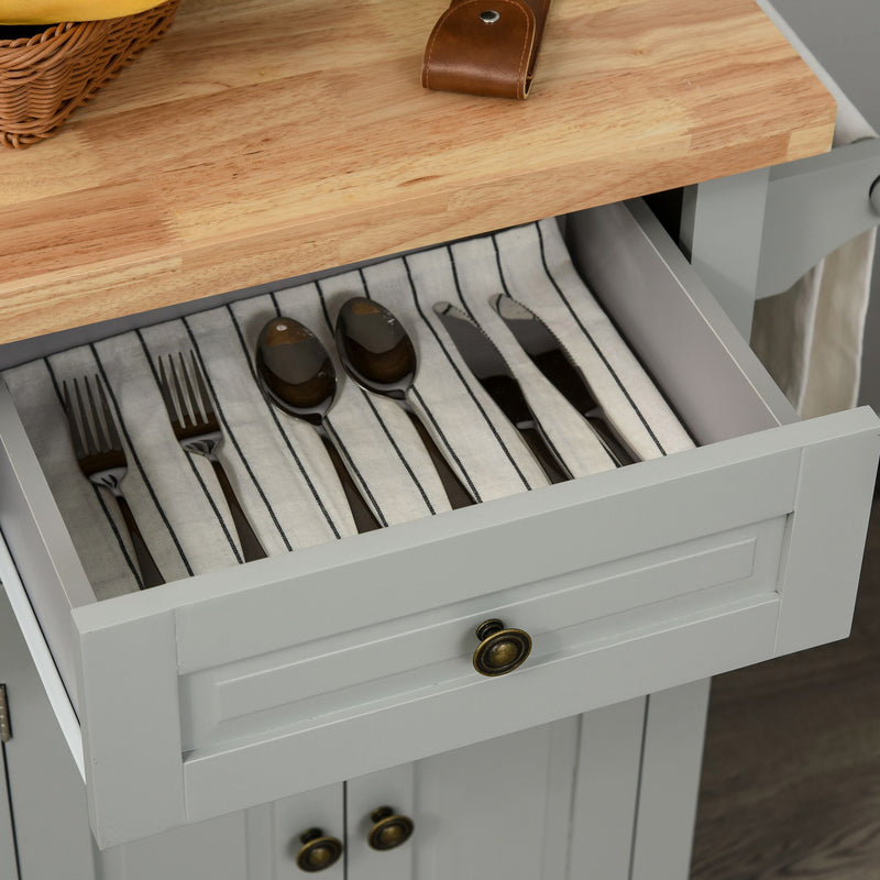 HOMCOM Rolling Kitchen Island Cart with Rubber Wood Top, Spices, and Towel Rack