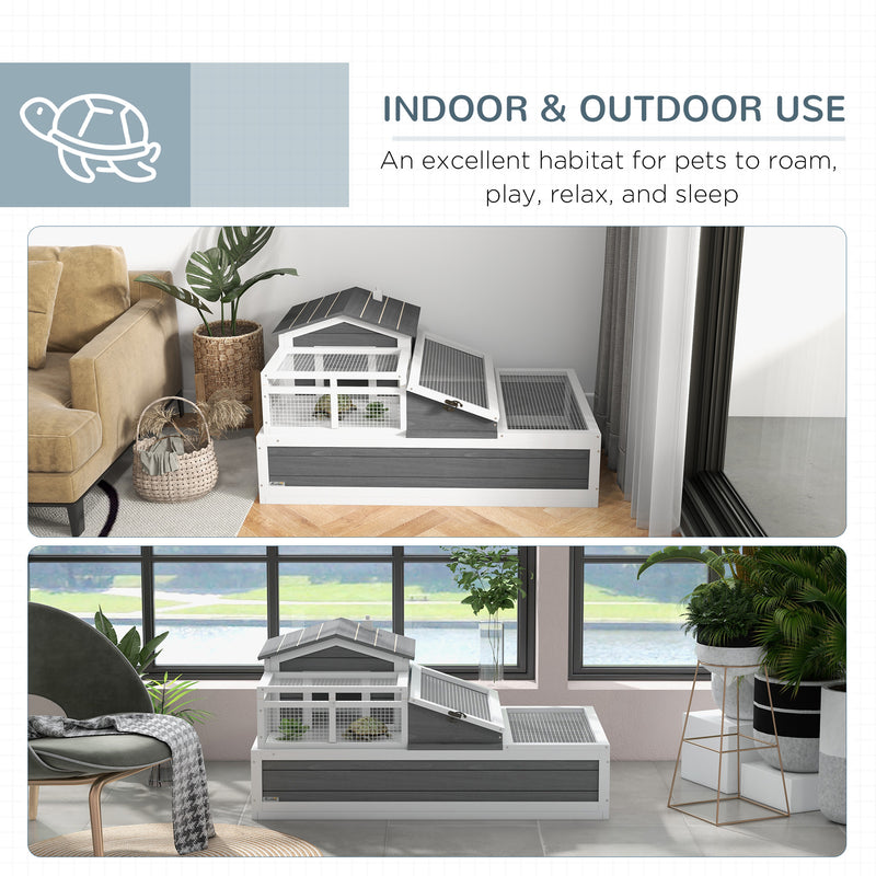 PawHut Wooden Tortoise House Indoor Outdoor w/ Balcony, Tray, Openable Roof