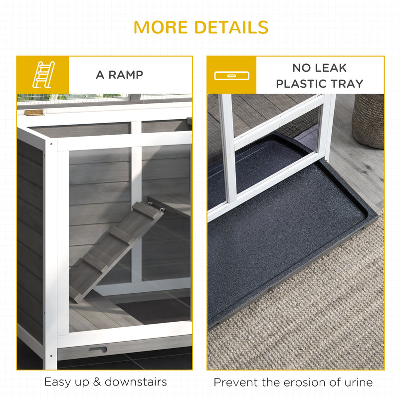 PawHut Wood Rabbit Hutch Bunny Cage Pet House Indoor W/ Tray Ramp, Grey