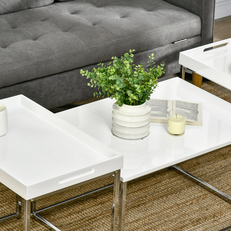 HOMCOM Coffee Table Set of 3 W/ Steel Frame, High Gloss Nest of Tables, White