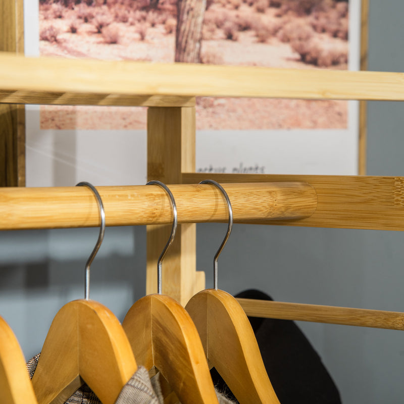 HOMCOM Bamboo Coat Rack w/ Hooks Hanging Rail and Storage Shelf for Entryway