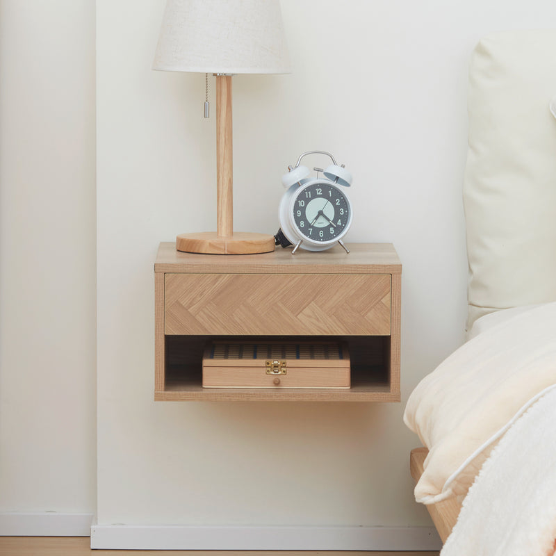 HOMCOM Floating Bedside Table Set of 2 Wall Mounted Nightstand W/ Drawer Natural