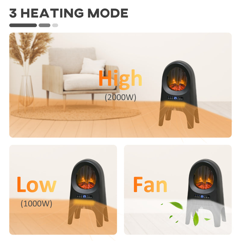 HOMCOM Freestanding Ceramic Space Heater w/ Flame Effect 3 Heat Settings, Black
