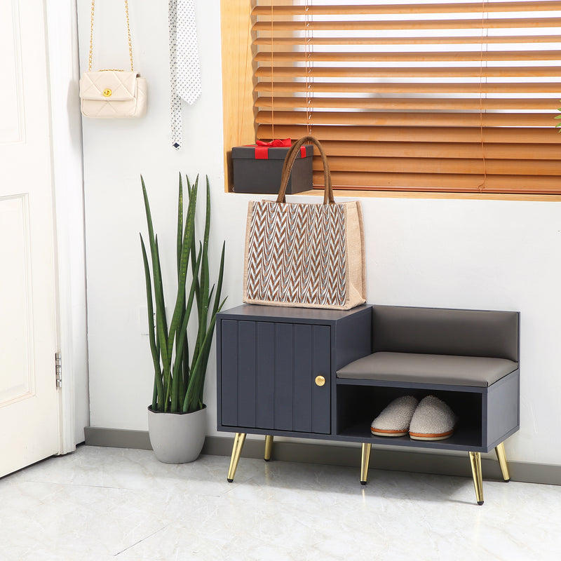 HOMCOM Upholstered Entryway Shoe Bench with Storage Cabinet Open Shelf Grey