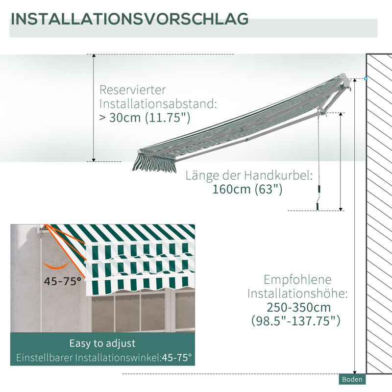 Outsunny Garden Sun Shade Canopy Retractable Awning, 3 x 2.5m, Green and White