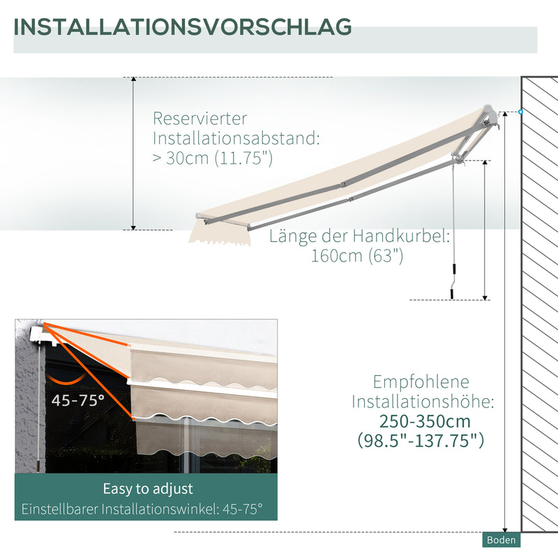 Outsunny Garden Sun Shade Canopy Retractable Awning, 3 x 2.5m, Cream White