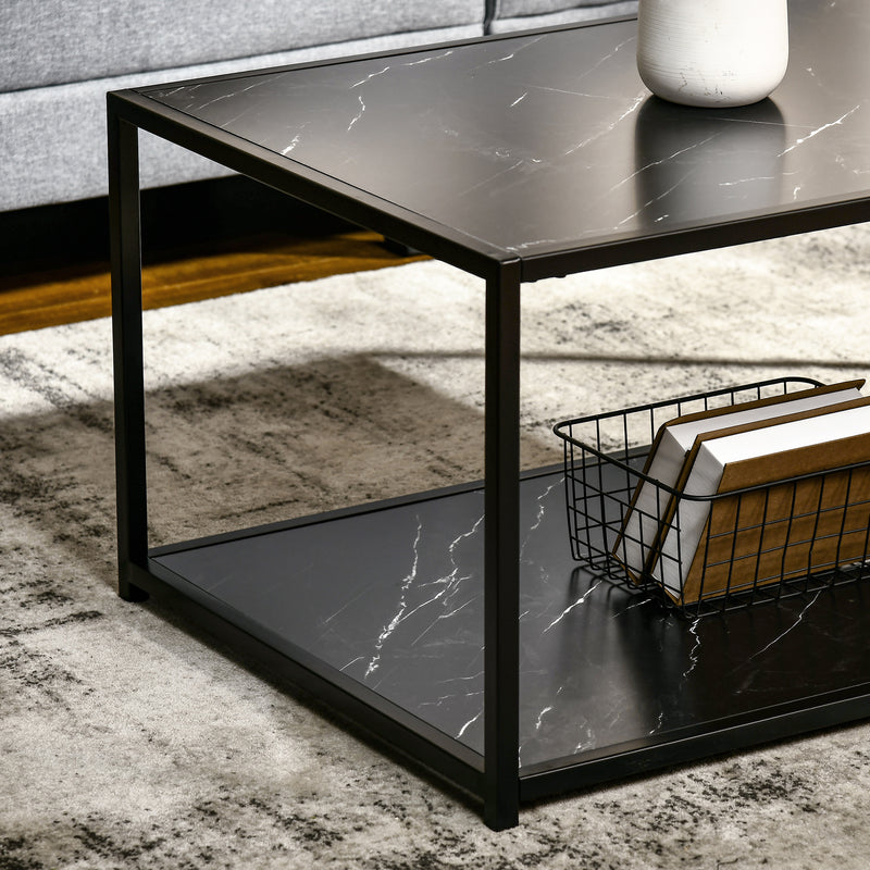 HOMCOM Coffee Table Cocktail Table w/ Faux Marble Top and Steel Frame, Black