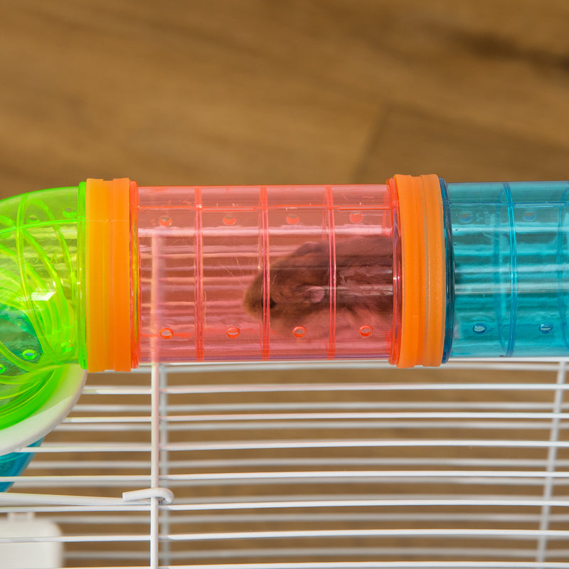 PawHut Hamster Cage w/ Tubes Exercise Wheel, Water Bottle, Food Dish -  Blue