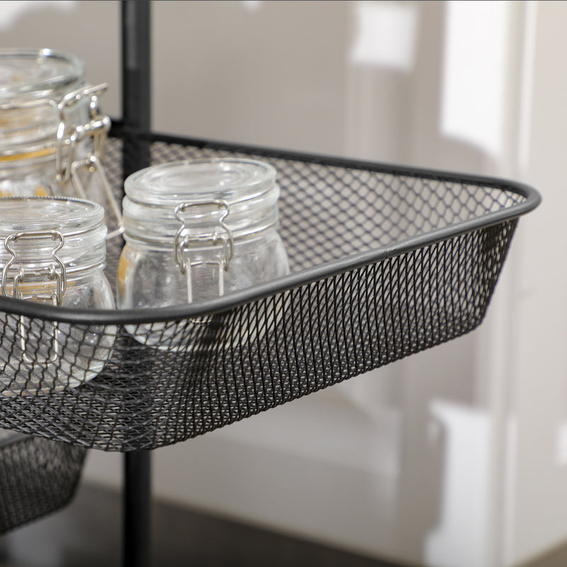 HOMCOM Storage Trolley Rolling Utility Cart with 4 Mesh Basket for Kitchen Black