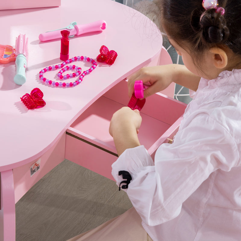 HOMCOM Kids Dressing Table with Mirror and Stool Kids Vanity Table - Pink