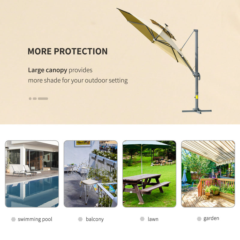 Outsunny 3m Cantilever Parasol Solar Lights Power Bank Base 360° Spin Beige