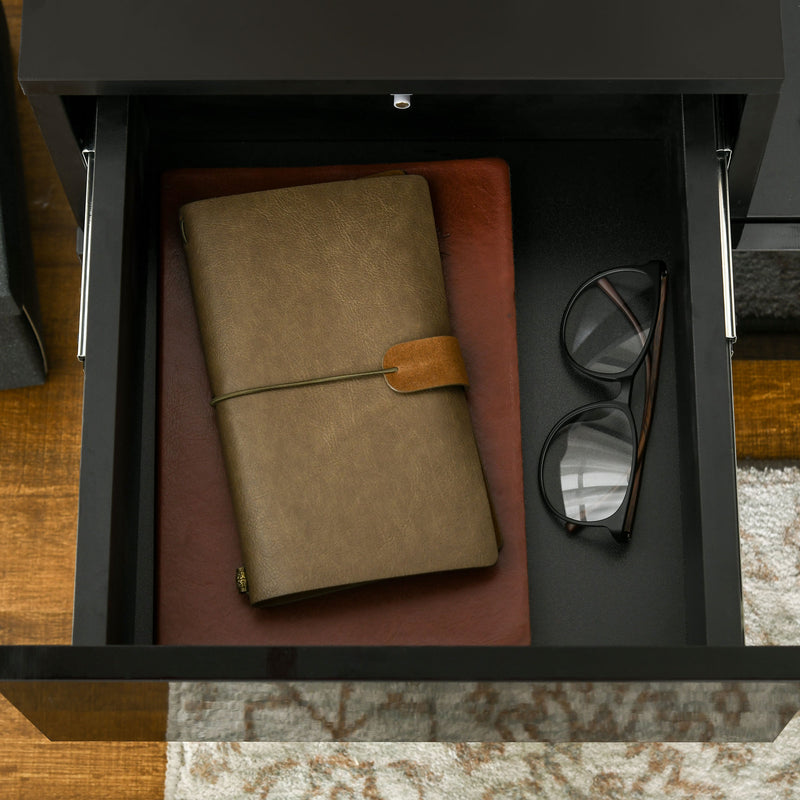 HOMCOM High Gloss Front Bedside Table Nightstand with LED Light Remote Black