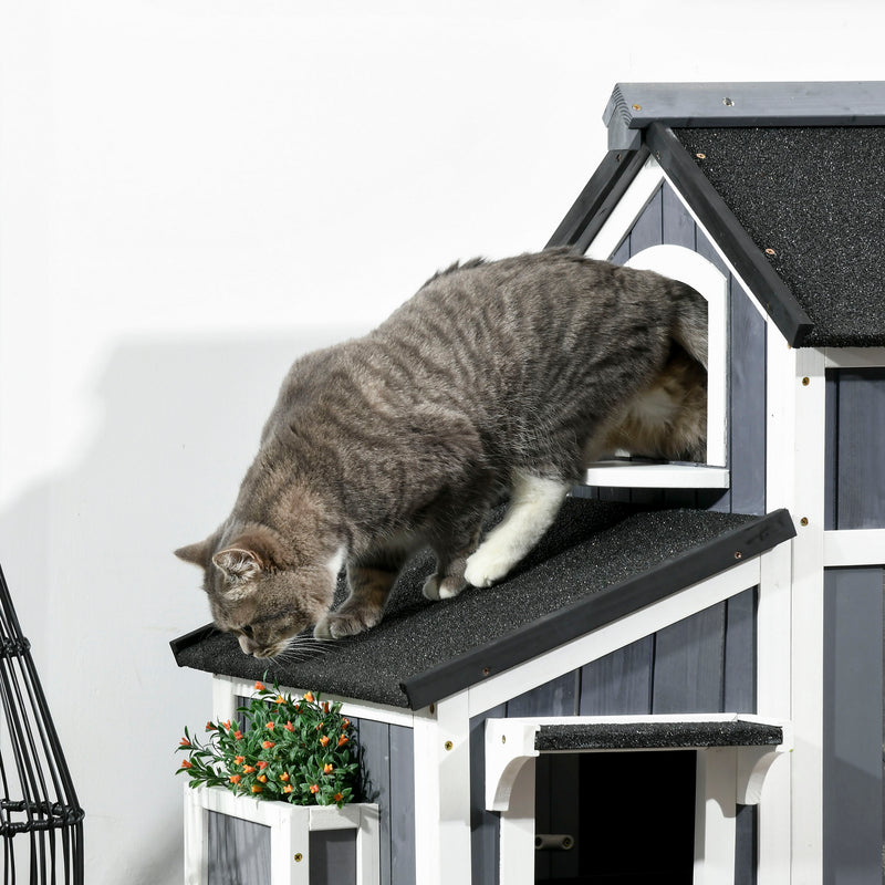 PawHut Wooden Outdoor Cat House w/ Flower Pot, Windows, Multiple Entrances