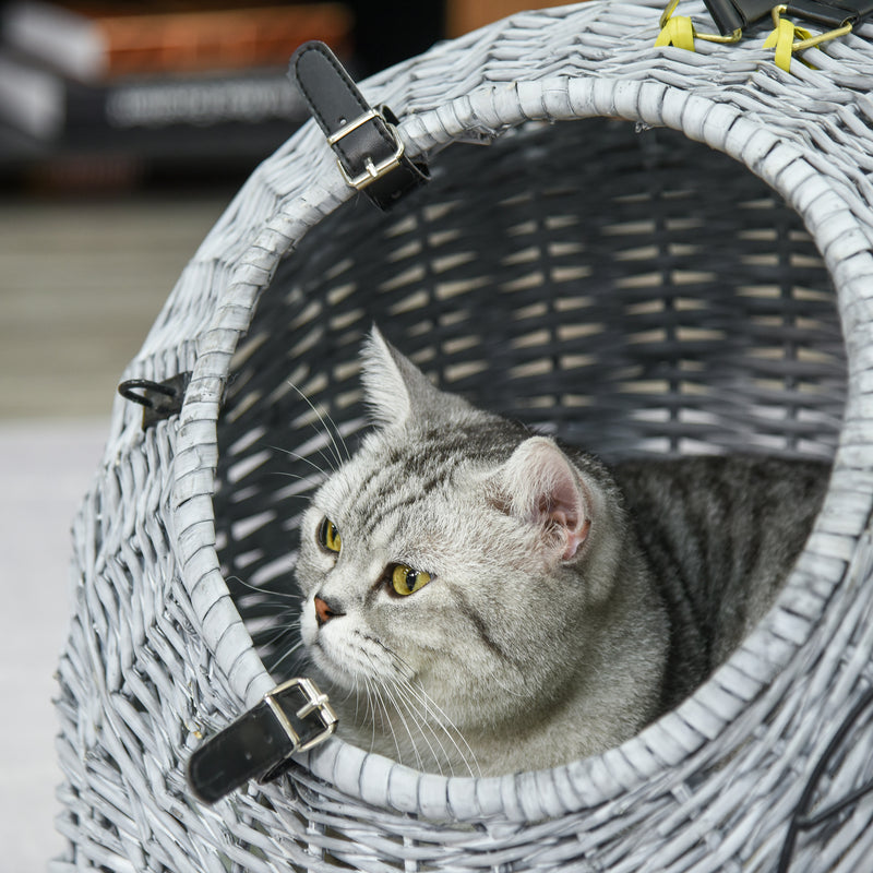 Wicker Cat Basket W Mat Handle Kitten Pussy Enclosed Bed Portable G