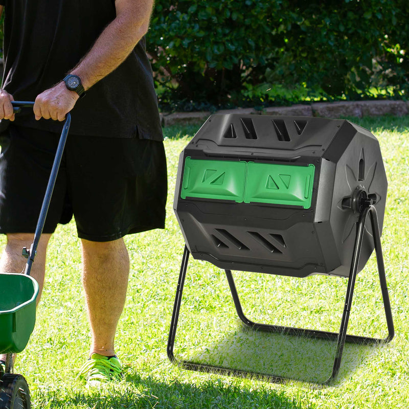 Outsunny 160L Outdoor Tumbling Compost Bin w/ Dual Chamber, Sliding Doors, Black