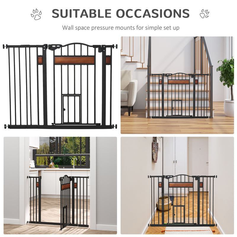 PawHut Dog Gate Pet Safety Gate W/ Cat Door Auto Close Pine Decor 74-105 cm Wide