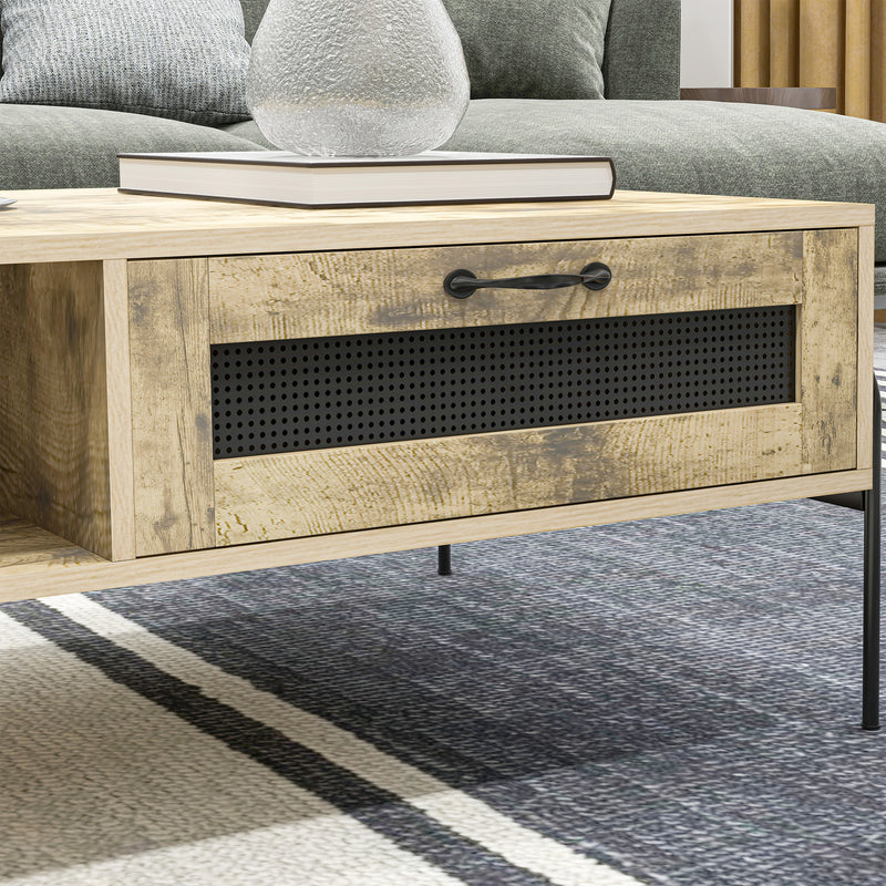 HOMCOM Industrial Coffee Table W/ Drawer and Open Storage Compartment Metal Legs