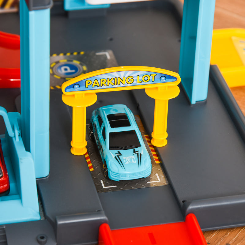 HOMCOM 5-Level Car Parking Garage Toy Race Tracks Car Ramp Set Toddler Car Game