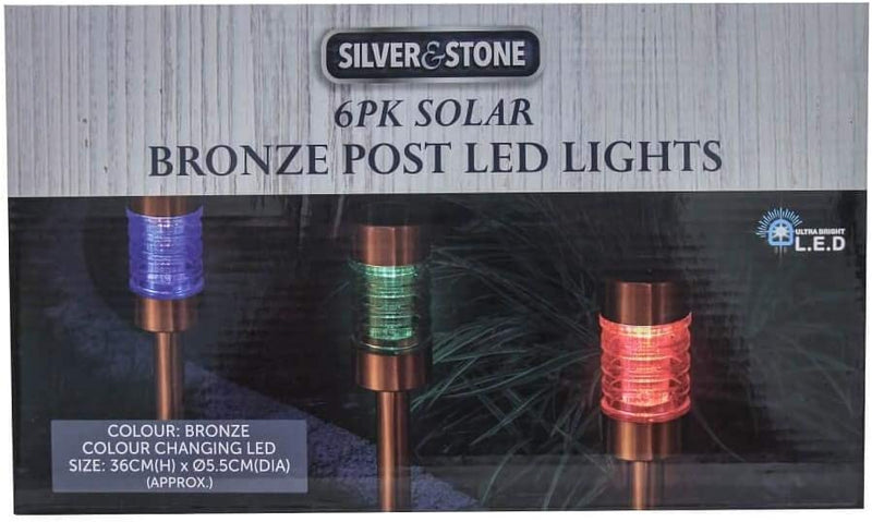 Silver & Stone Solar Powered Bronze Copper Post Lights Pack of 6 with Colour Changing LEDs