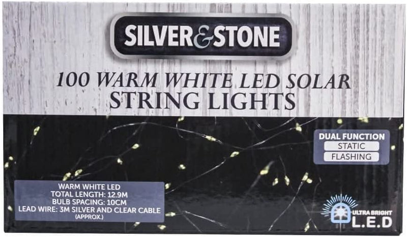 Silver & Stone Solar String Lights with 100 Warm White LEDs