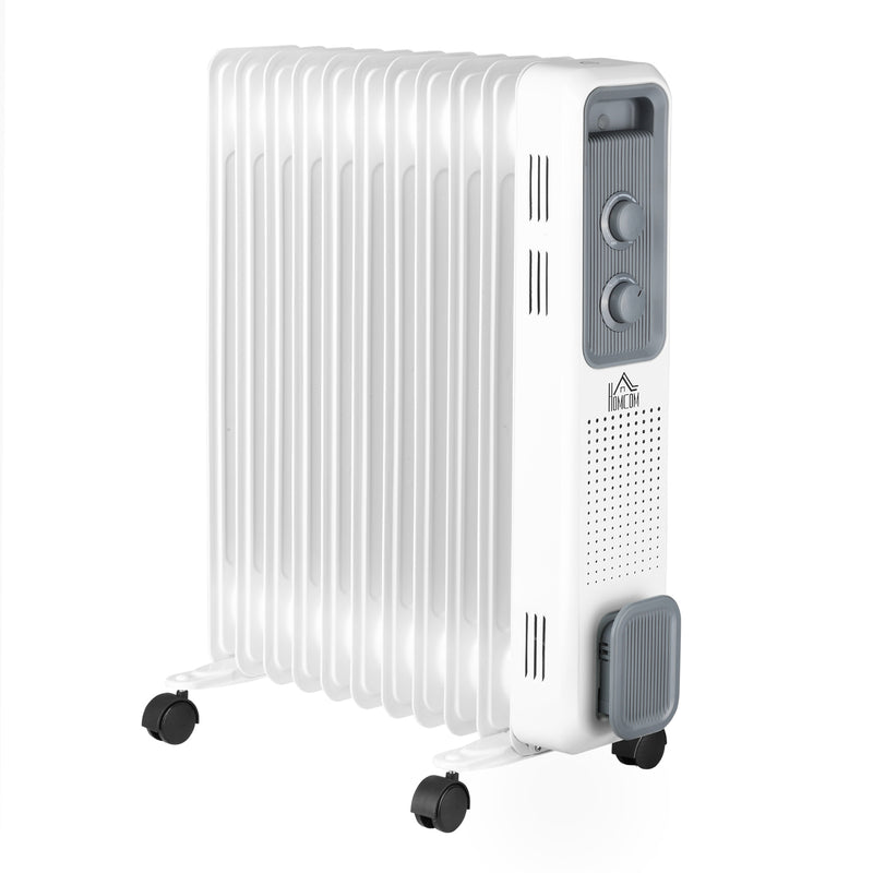 HOMCOM Oil Filled Radiator 11 Fin Portable Heater w/ Wheels and 3 Heat Settings, White