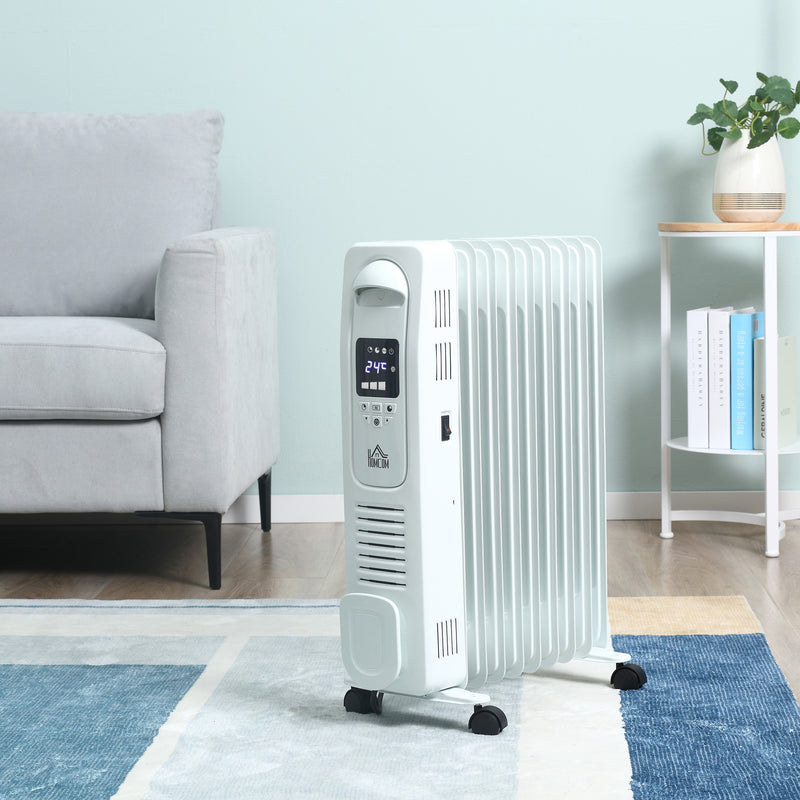 HOMCOM 2180W Oil Filled Radiator, 9 Fin Portable Heater w/ Timer Remote Control White Safety Cut-Off and Remote Control White Radiator Settings