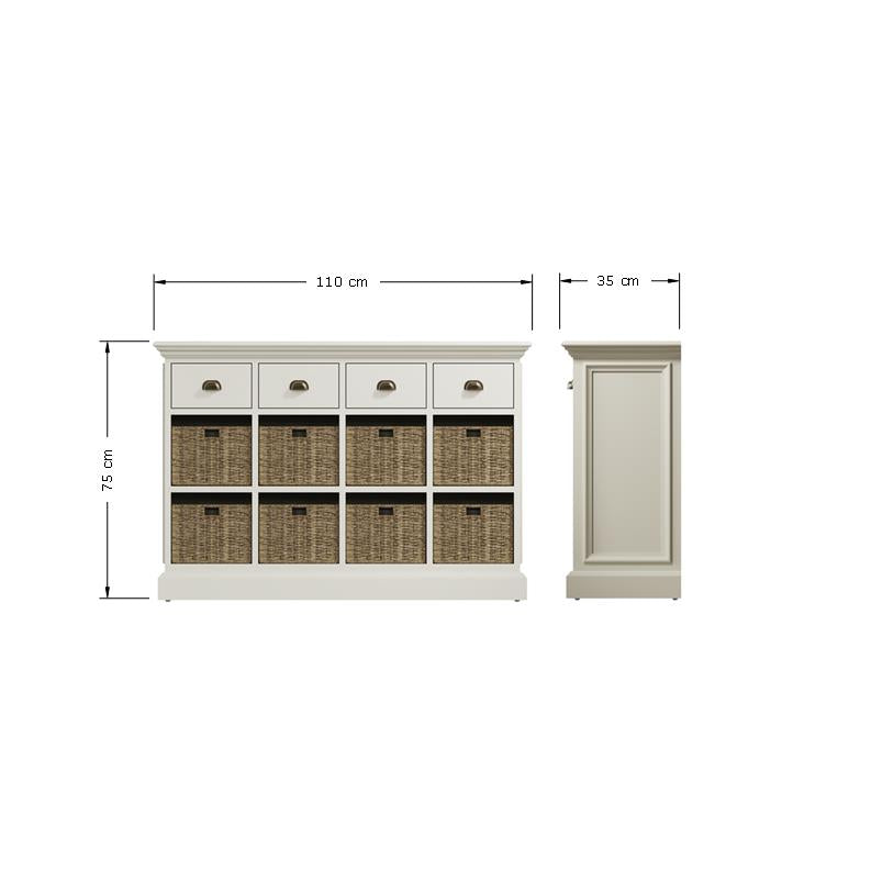 Hatton Antique White  Storage Unit 3 Drawer 6 Basket 85 x 35 x 75 cm