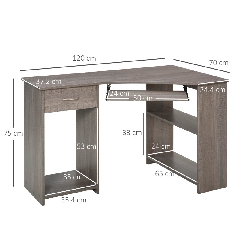 HOMCOM Corner Computer Desk with Shelves 75x120x70cm Grey