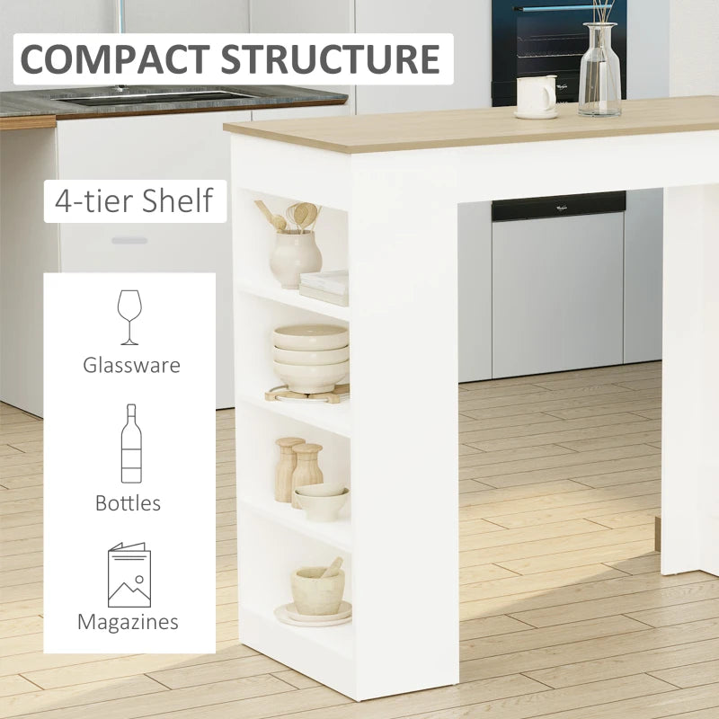 HOMCOM Kitchen Bar Table with Side Shelves - White & Oak