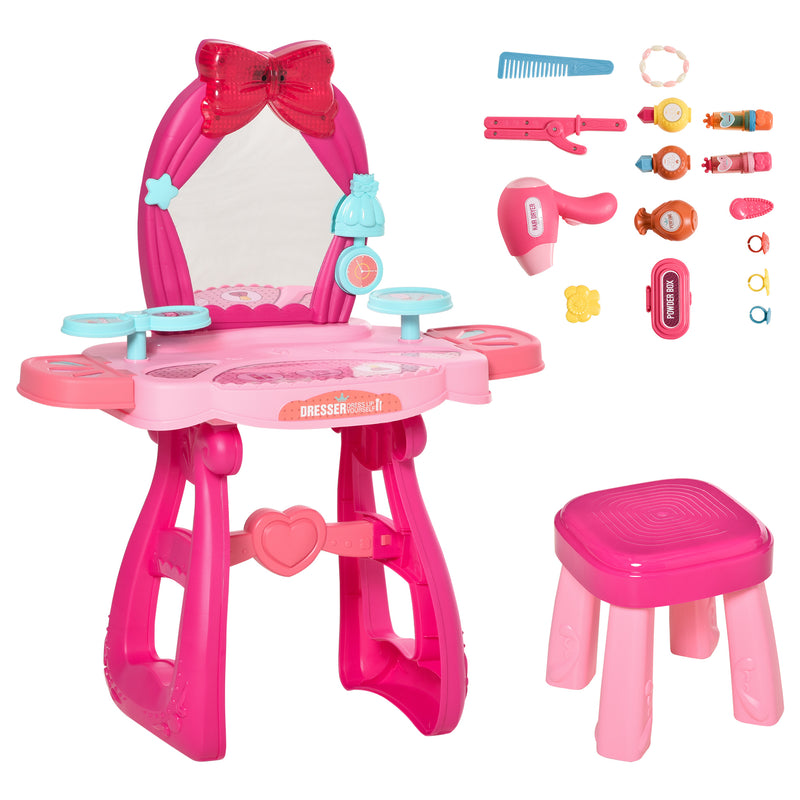HOMCOM 36 Pcs Kids Vanity Dressing Table w/ Stool Lights Music Bright Red+Pink
