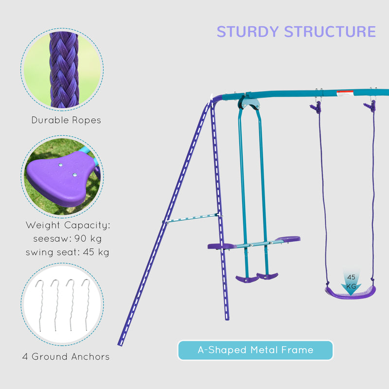 Outsunny Metal 2 Swings & Seesaw Set Height Adjustable Outdoor Play Set, Green