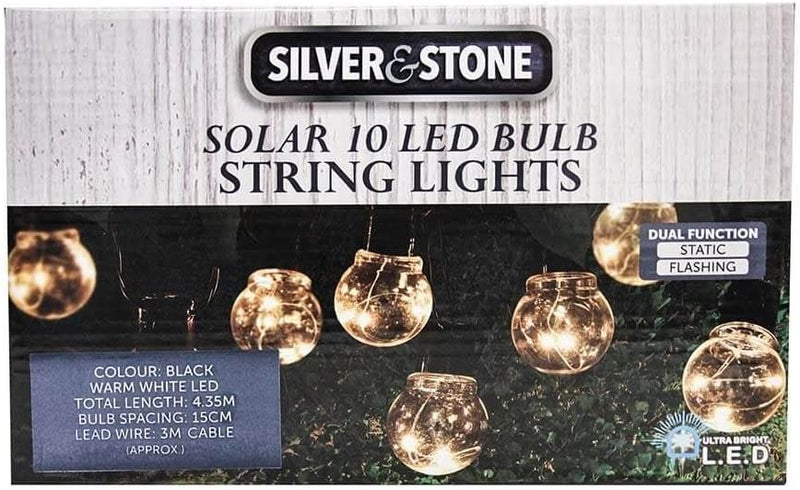 Silver & Stone Solar Powered String Lights Set of 10 with Warm White LEDs