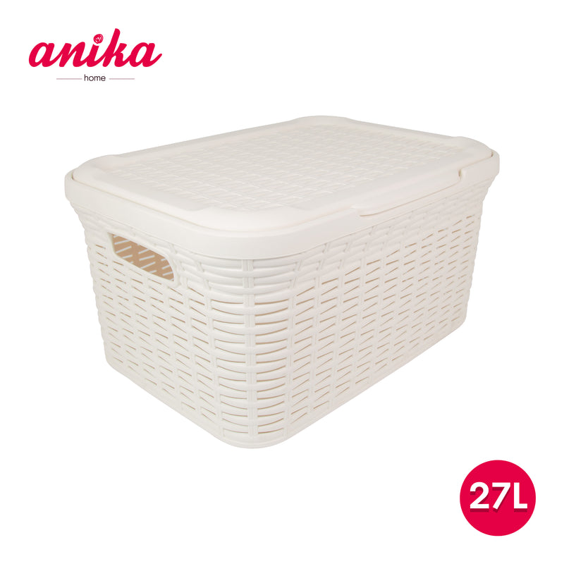 Rattan Laundry Box - 27 Litre - Cream, Plastic with Carry Handles and Lid
