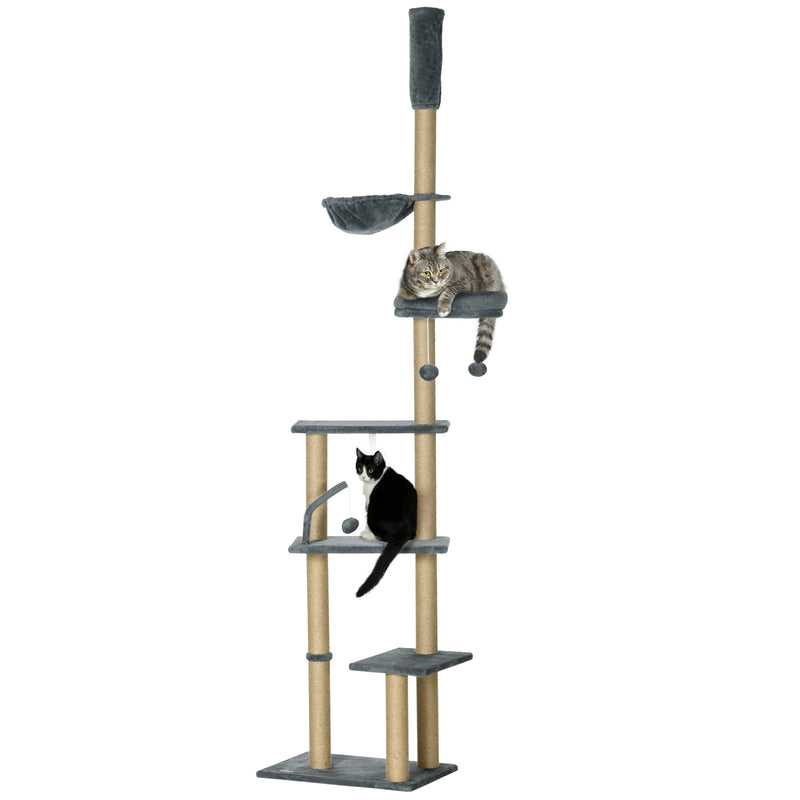 PawHut Floor to Ceiling Climbing Cat Tree Tower, 230-250cm Height, Grey