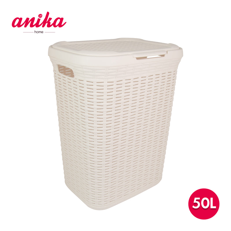 Rattan Laundry Box - 50 Litre - Cream, Plastic with Carry Handles and Lid