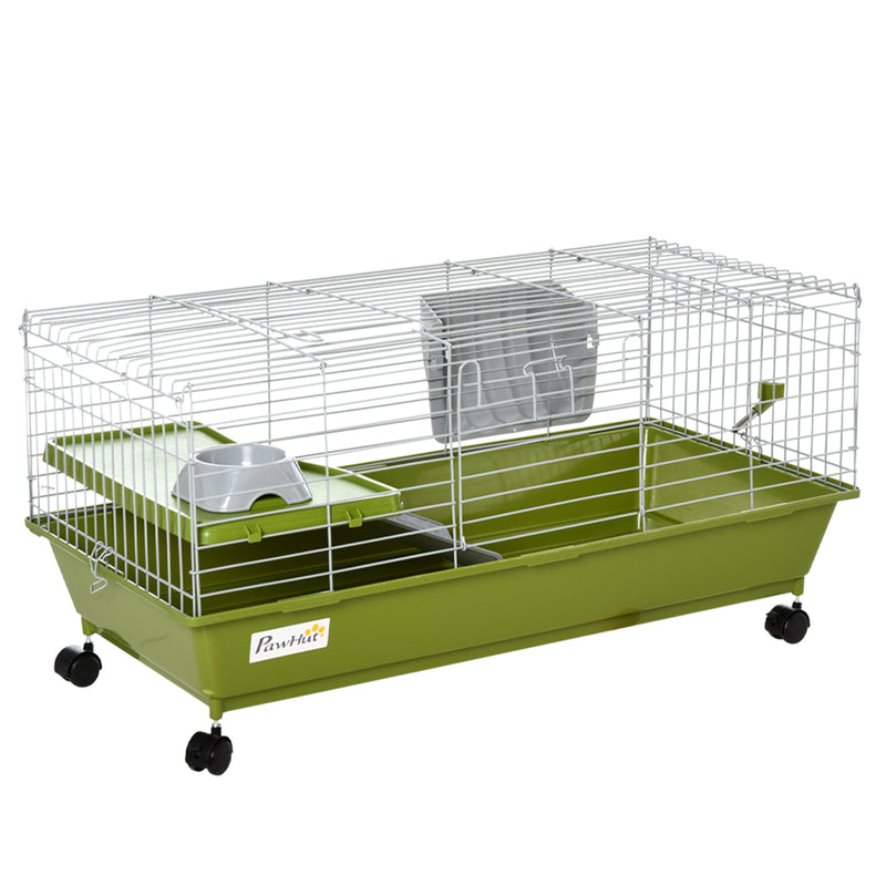 PawHut 89cm Small Animal Cage for Rabbit Ferret Guinea Pig w/ Food Dish Green