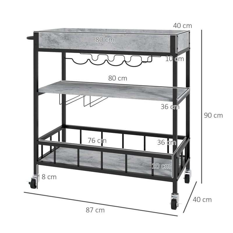HOMCOM Industrial Bar Cart, 3-Tier Kitchen Trolley on Wheels with Wine Rack