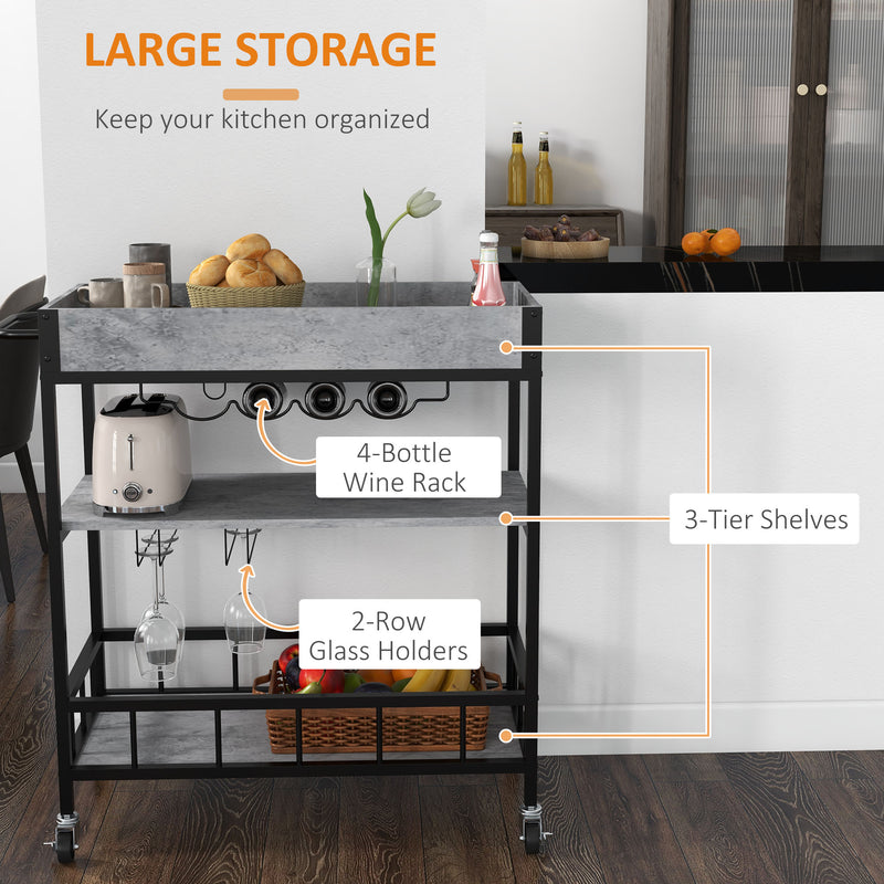 HOMCOM Industrial Bar Cart, 3-Tier Kitchen Trolley on Wheels with Wine Rack