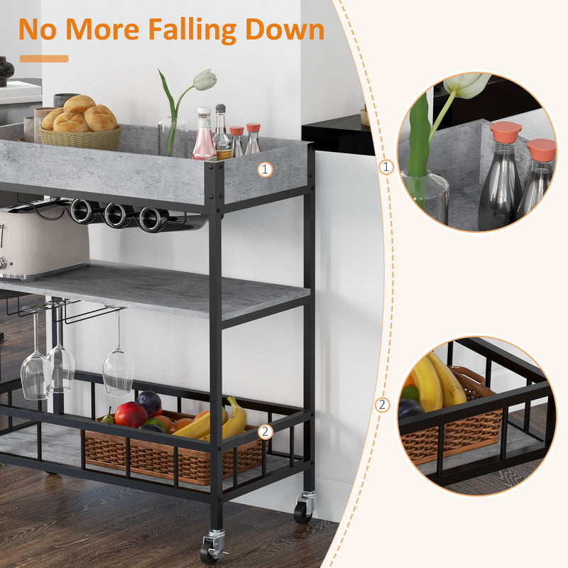 HOMCOM Industrial Bar Cart, 3-Tier Kitchen Trolley on Wheels with Wine Rack