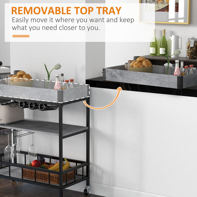 HOMCOM Industrial Bar Cart, 3-Tier Kitchen Trolley on Wheels with Wine Rack