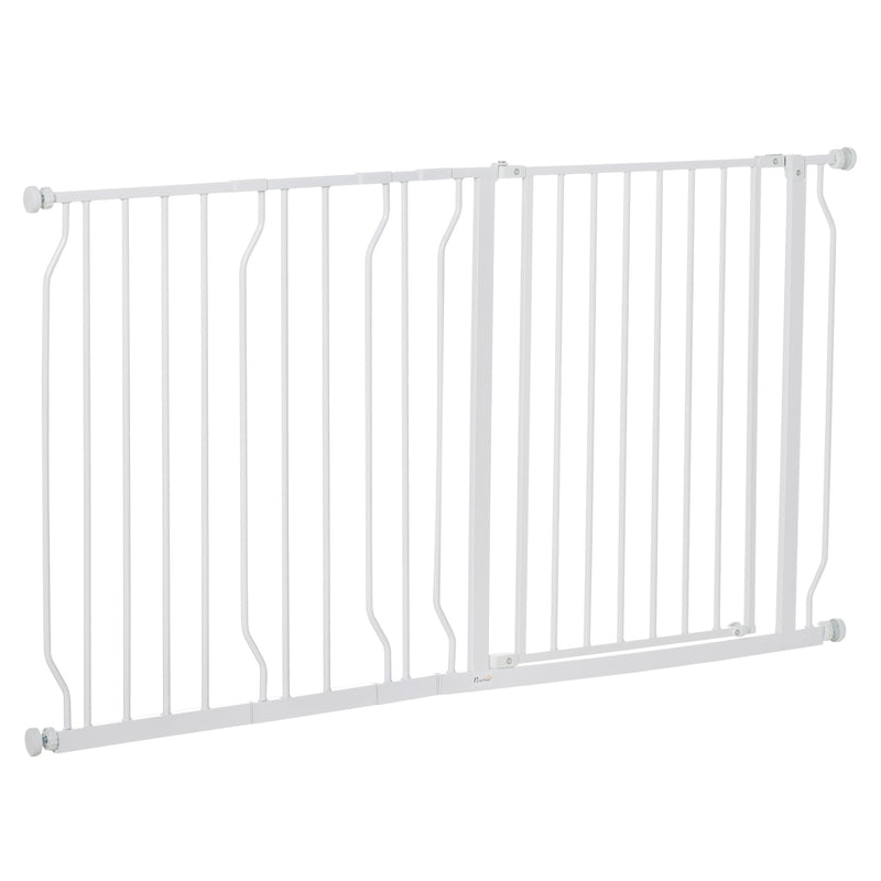 PawHut Dog Gate Wide Stair Gate w/ Door Pressure Fit, 75-145W cm, White