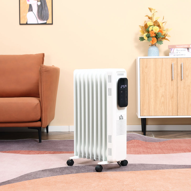 HOMCOM 2180W Oil Filled Radiator, 9 Fin Portable Heater w/ Timer Remote Control White