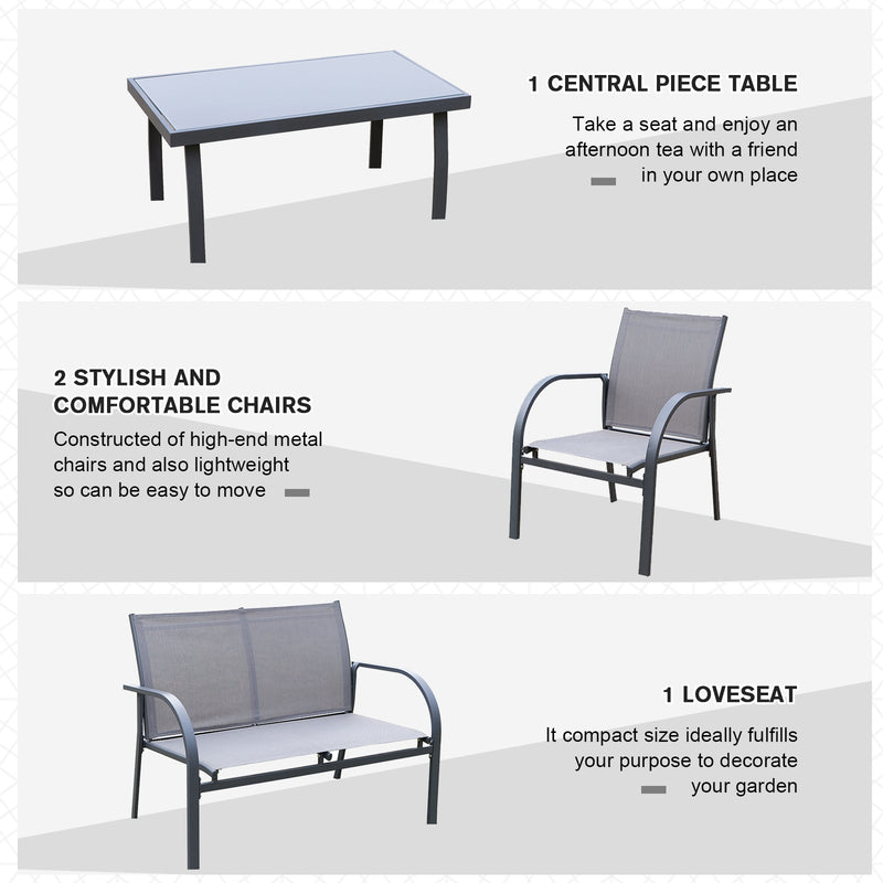 Outsunny 4 Pcs Curved Steel Outdoor Furniture Set w/ Loveseat , 2 Texteline Seats,Glass Top Table Garden Balcony Patio Furniture For Family Party Events Guests -Grey 13 global ratings