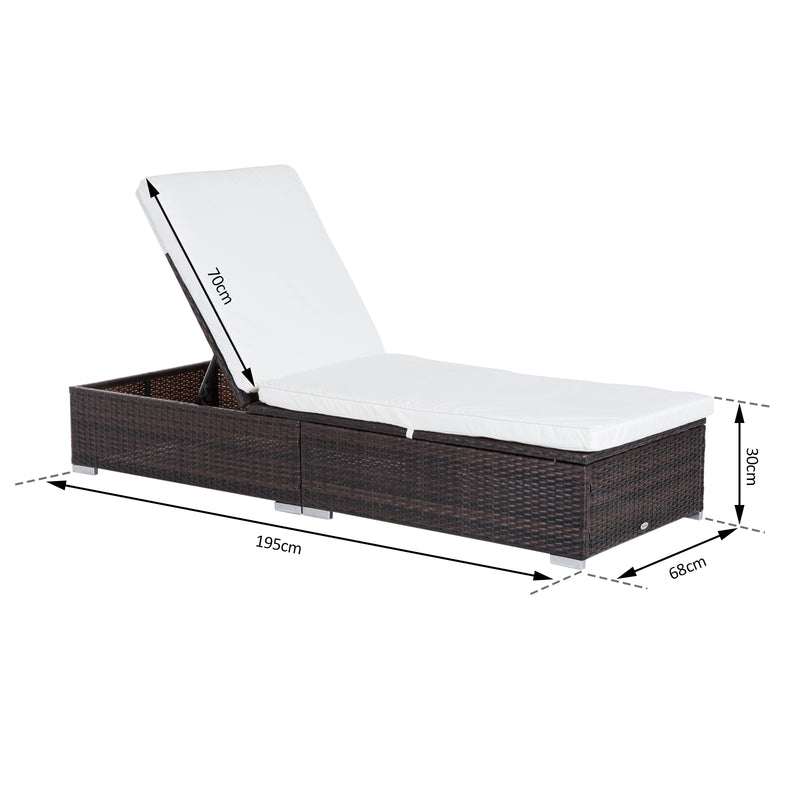 Outsunny PE Rattan Sun Lounger with Cushion, Outdoor Garden Sunbed Furniture with 5-Level Recliner Backrest, and Armrest, Brown