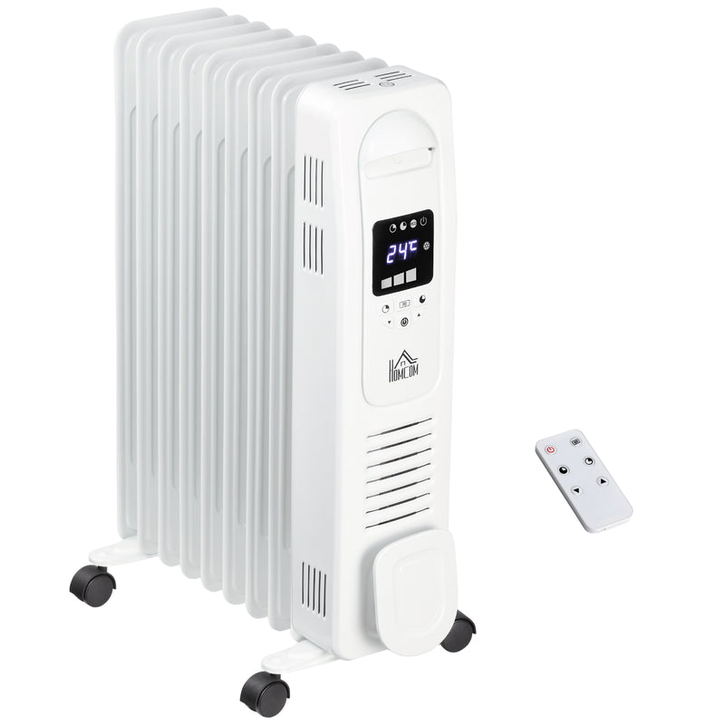 HOMCOM 2180W Oil Filled Radiator, 9 Fin Portable Heater w/ Timer Remote Control White Safety Cut-Off and Remote Control White Radiator Settings