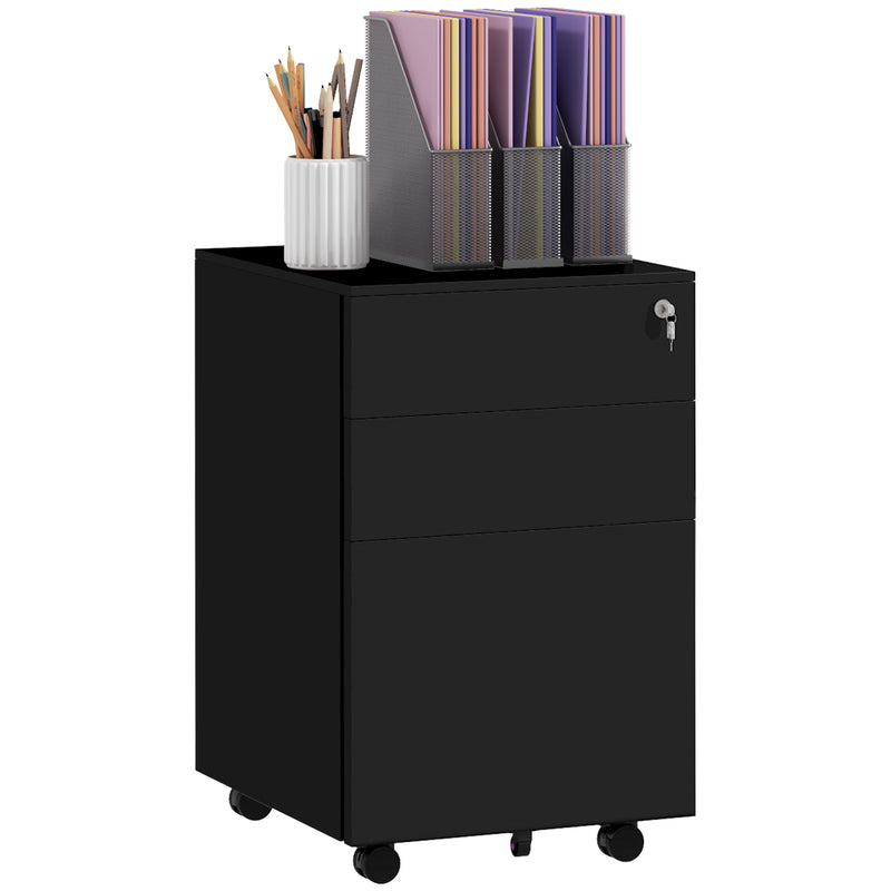 Vinsetto 3-Drawer Vertical Filing Cabinet with Lock and Pencil Tray, Steel Mobile File Cabinet with Adjustable Hanging Bar for A4, Legal and Letter Size, Black