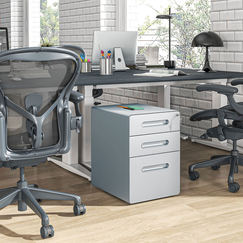 Vinsetto 3 Drawer Modern Steel Filing Cabinet w/ 4 Wheels Lock Pencil Box Grey